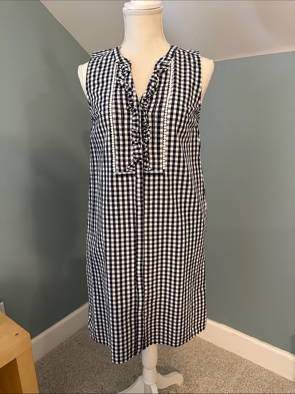 Crown & Ivy Black and White Gingham Ruffle Neck Shift Dress